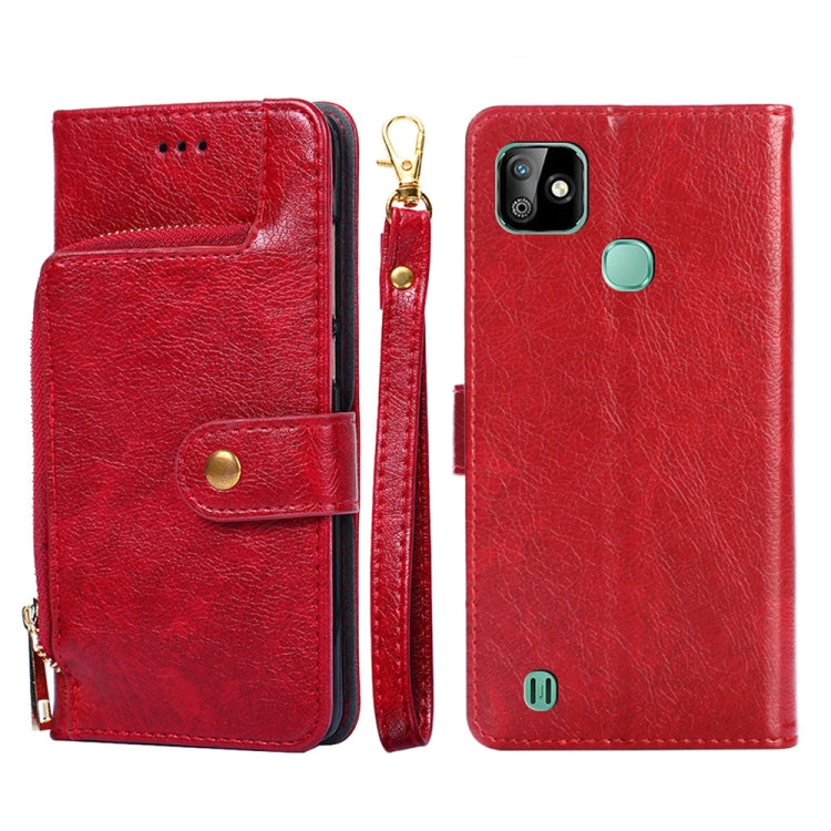 Red leather phone case with zip pull and magnetic flap, front and back coverage.