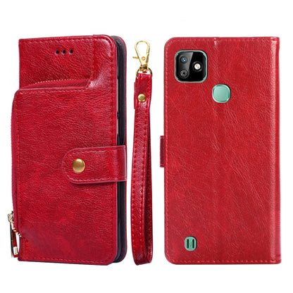 Red leather phone case with zip pull and magnetic flap, front and back coverage.