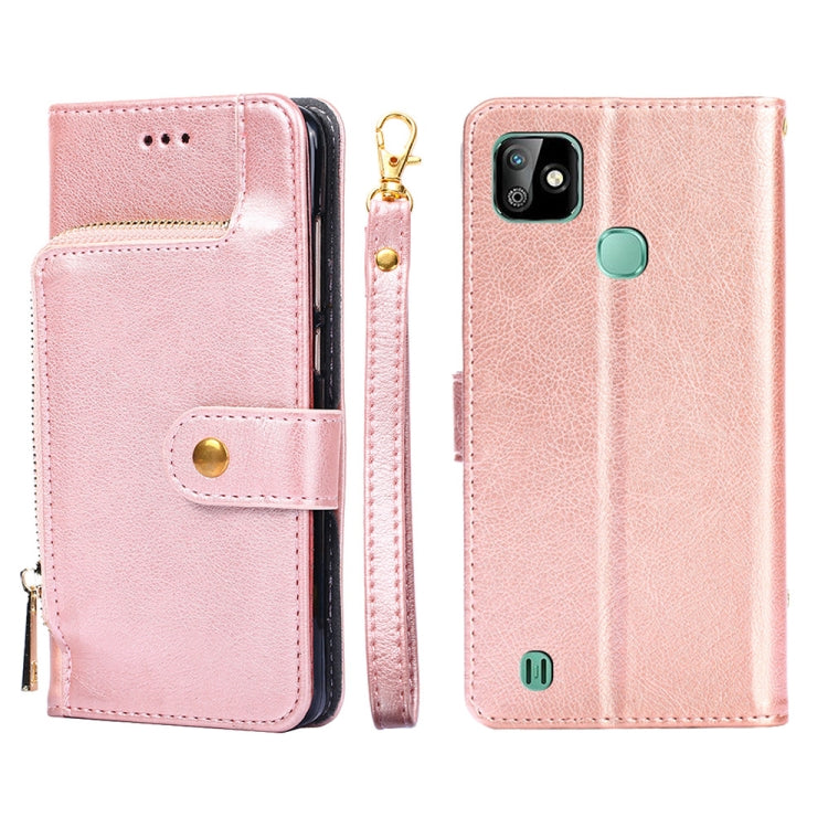 Rose pink leather phone case with zip pull and magnetic flap, front and back coverage.