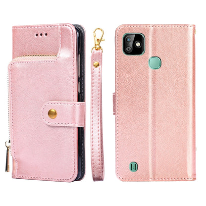 Rose pink leather phone case with zip pull and magnetic flap, front and back coverage.