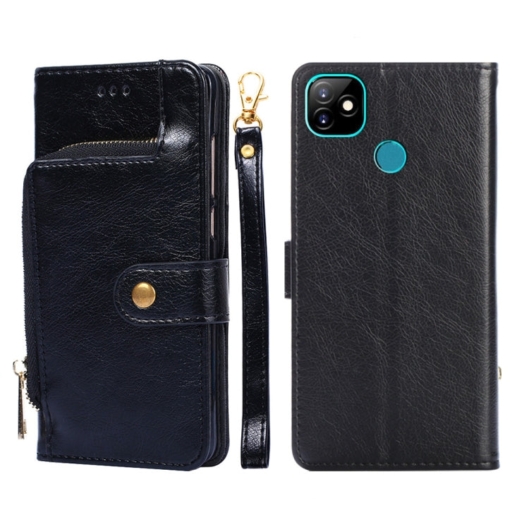 Black leather phone case with zip pull and magnetic flap, front and back coverage.