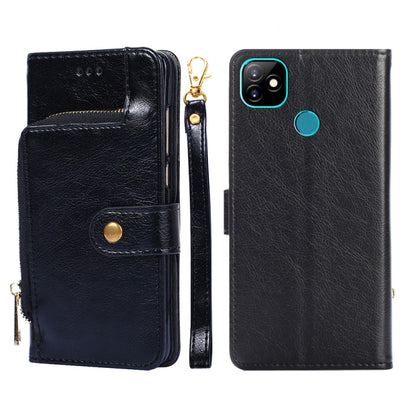 Black leather phone case with zip pull and magnetic flap, front and back coverage.