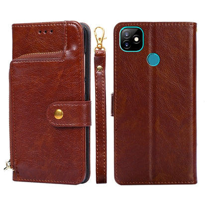 Brown leather phone case with zip pull and magnetic flap, front and back coverage.