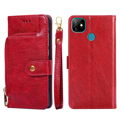 Red leather phone case with zip pull and magnetic flap, with card slot openings.