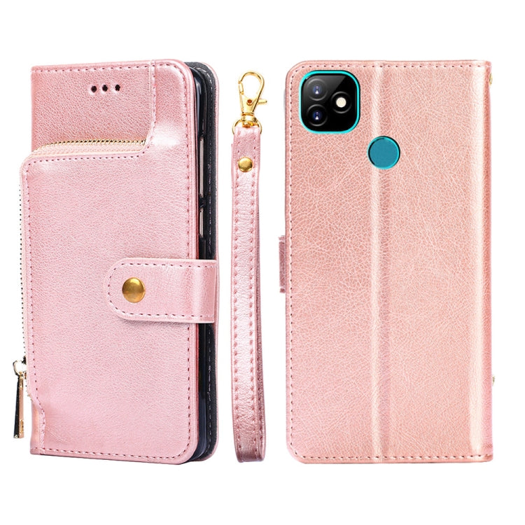 Rose pink leather phone case with zip pull and magnetic flap, with card slot openings.