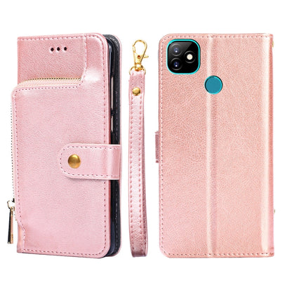 Rose pink leather phone case with zip pull and magnetic flap, with card slot openings.