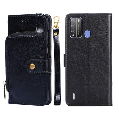 Black leather zipper phone case with flip cover, card slot, and gold clasp