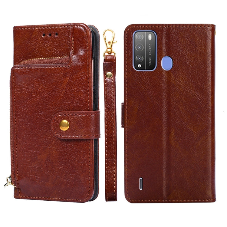 Brown leather zipper phone case with flip cover, card slot, and gold clasp
