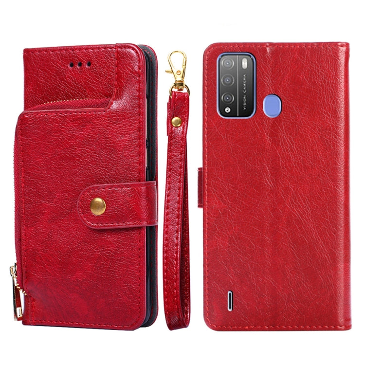 Red leather zipper phone case with flip cover, card slot, and gold clasp