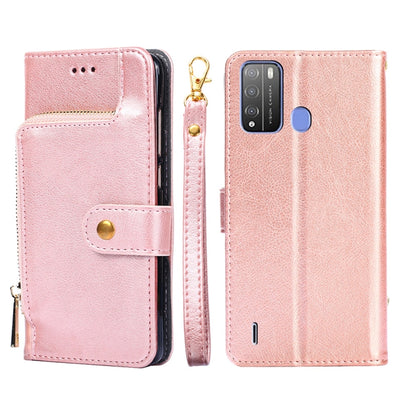 Rose pink leather zipper phone case with flip cover, card slot, and gold clasp