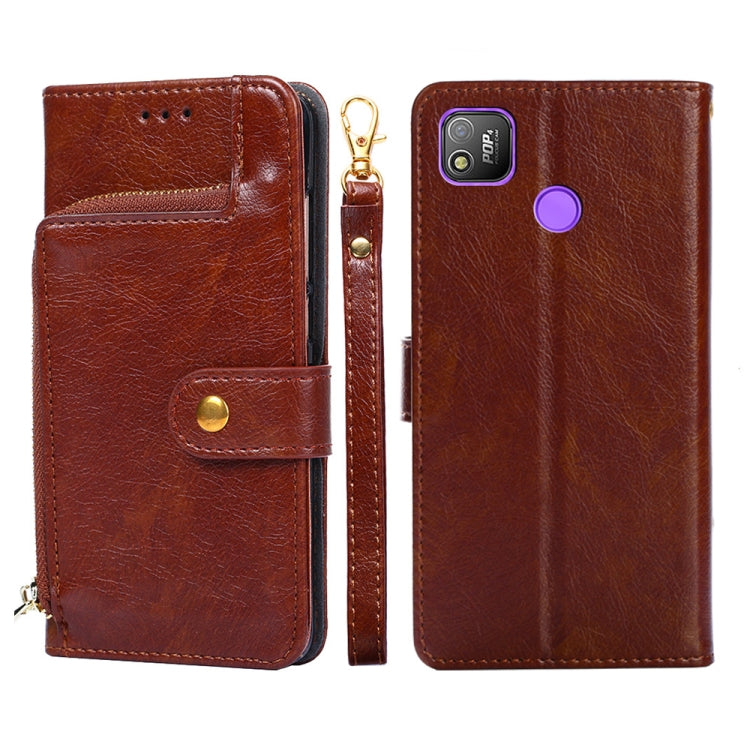 Brown leather zipper phone case with flip cover and gold zipper pull; purple accent