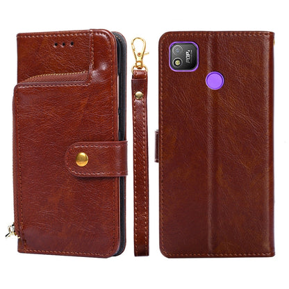 Brown leather zipper phone case with flip cover and gold zipper pull; purple accent
