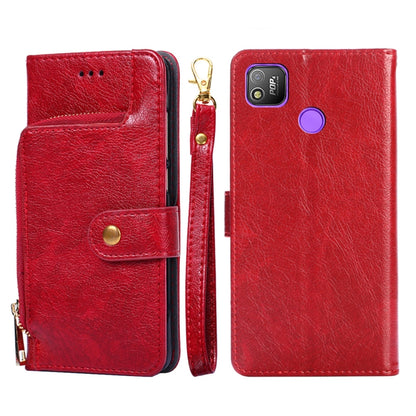 Red leather zipper phone case with flip cover and gold zipper pull; purple accent