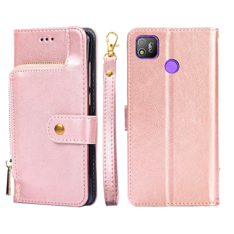 Rose pink leather zipper phone case with flip cover and gold zipper pull; purple accent