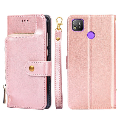 Rose pink leather zipper phone case with flip cover and gold zipper pull; purple accent