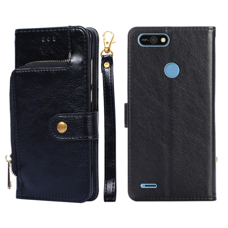 Black leather zipper phone case with flip cover and gold zipper pull; blue accent