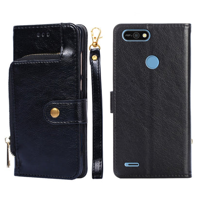Black leather zipper phone case with flip cover and gold zipper pull; blue accent