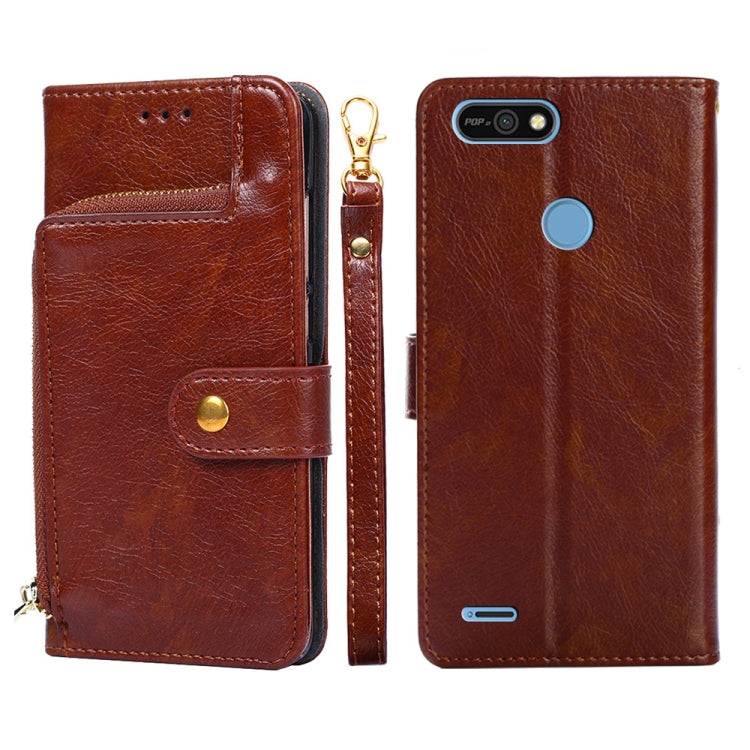 Brown leather zipper phone case with flip cover and gold zipper pull; blue accent