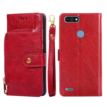 Red leather zipper phone case with snap flap and card slot; rear camera cutout