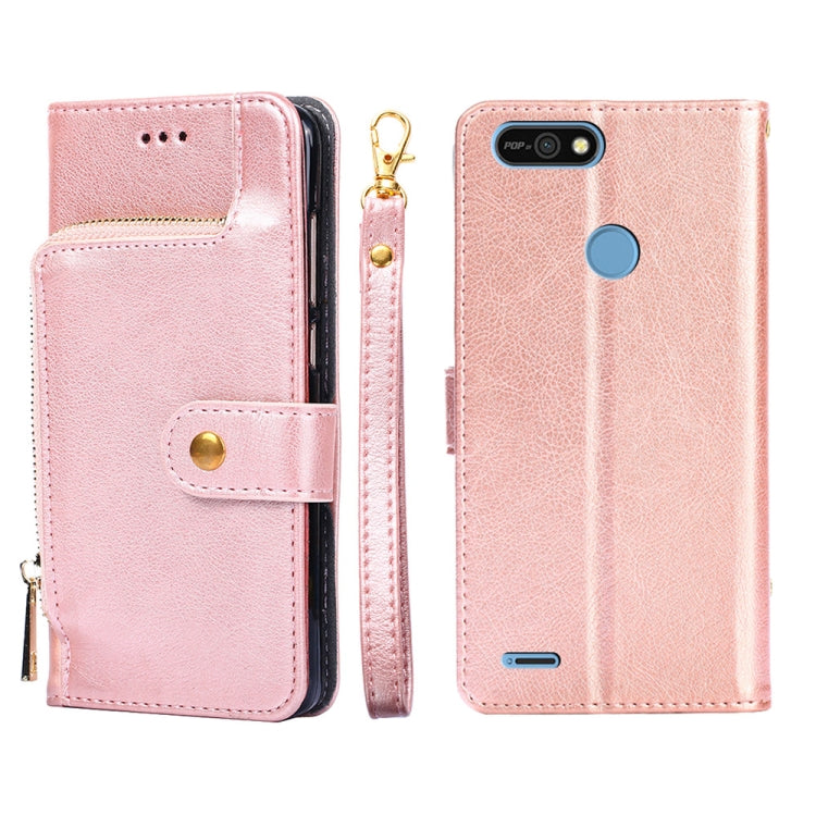 Rose gold leather zipper phone case with snap flap and card slot; rear camera cutout