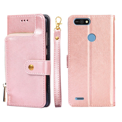 Rose gold leather zipper phone case with snap flap and card slot; rear camera cutout