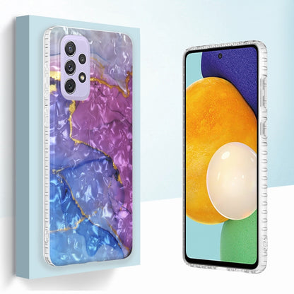 TPU phone case showing back and front view with purple/blue marble design and camera cutouts