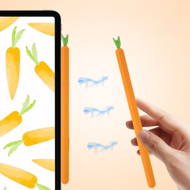 Carrot-shaped silicone stylus protective case held in hand for tablet use