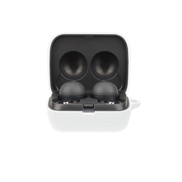 Silicone earphone protective case with open lid, holding two earbuds—white.