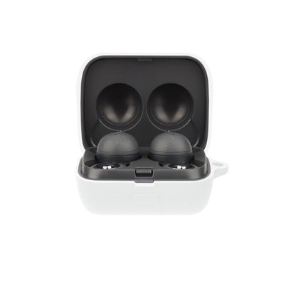 Silicone earphone protective case with open lid, holding two earbuds—white.