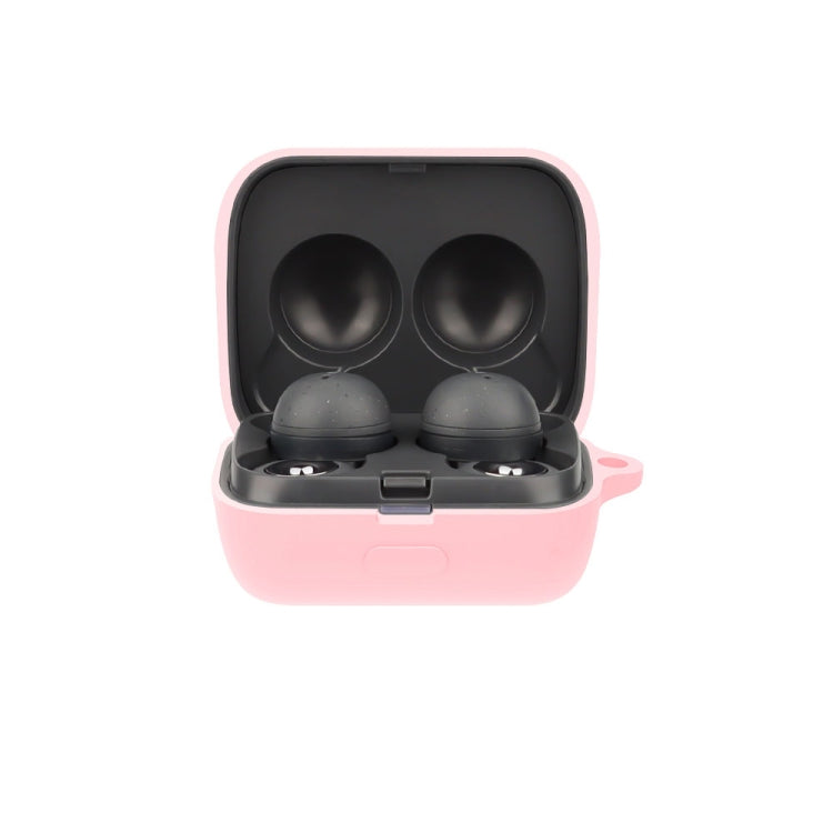 Silicone earphone protective case with open lid, holding two earbuds—pink.