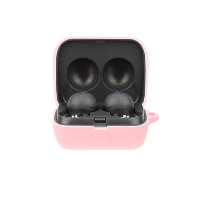 Silicone earphone protective case with open lid, holding two earbuds—pink.