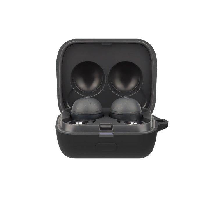 Silicone earphone protective case with open lid, holding two earbuds—black.
