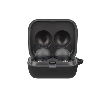 Silicone earphone protective case with open lid, holding two earbuds—black.