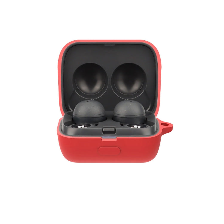 Silicone earphone protective case with open lid, holding two earbuds—red.