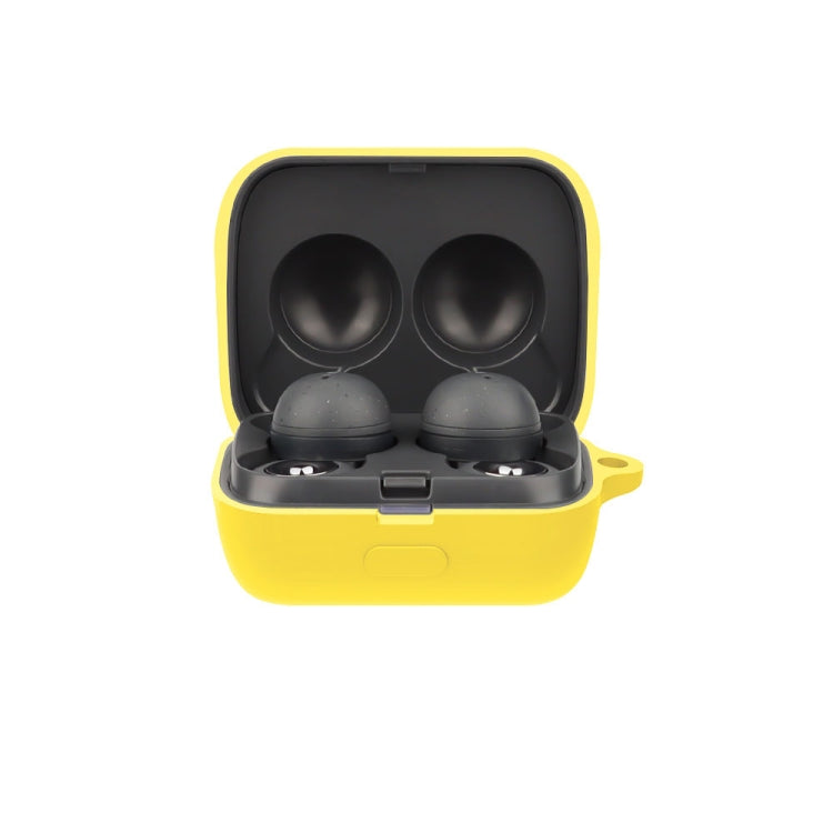 Silicone earphone protective case with open lid, holding two earbuds—yellow.
