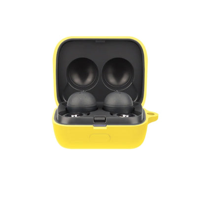 Silicone earphone protective case with open lid, holding two earbuds—yellow.