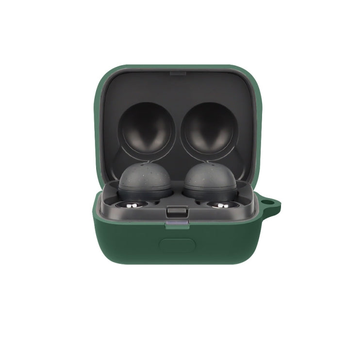 Silicone earphone protective case with open lid, holding two earbuds—dark green.