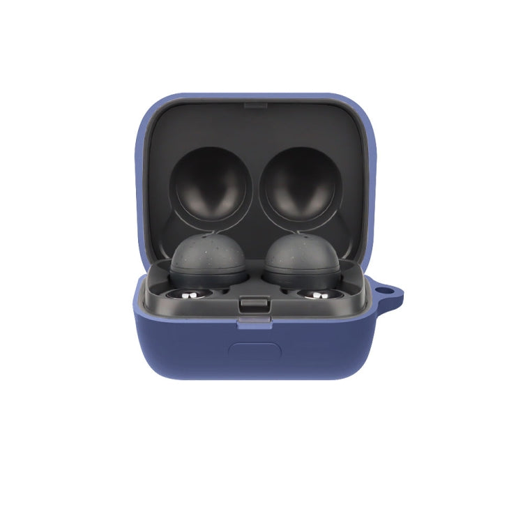 Silicone earphone protective case with open lid, holding two earbuds—navy blue.