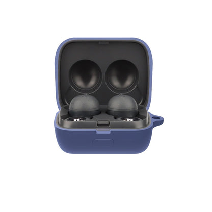 Silicone earphone protective case with open lid, holding two earbuds—navy blue.