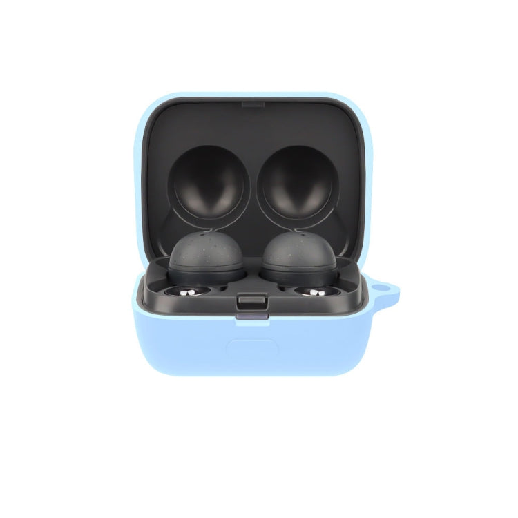Silicone earphone protective case with open lid, holding two earbuds—sky blue.