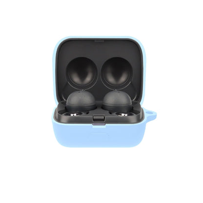 Silicone earphone protective case with open lid, holding two earbuds—sky blue.