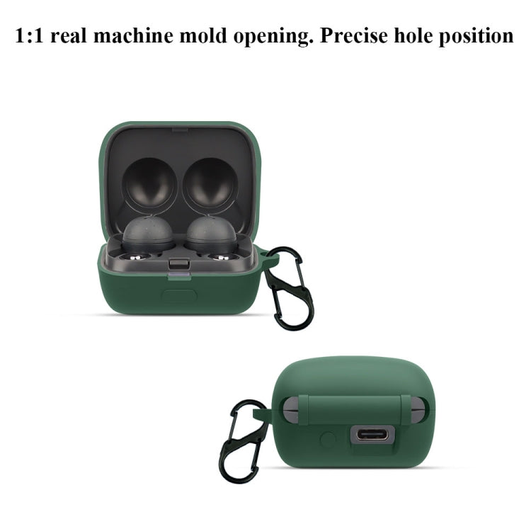 Green silicone earbud protective case with open lid and carabiner clip