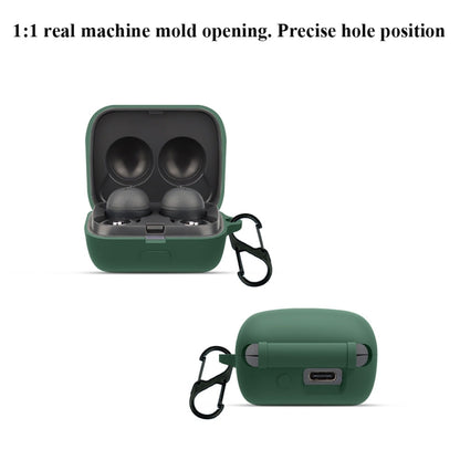 Green silicone earbud protective case with open lid and carabiner clip