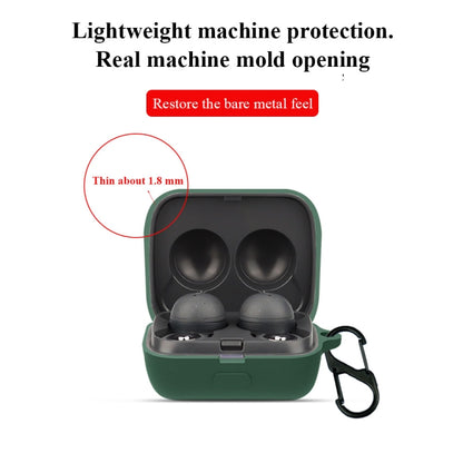 Green silicone earbud case for earbuds, open with strap clip
