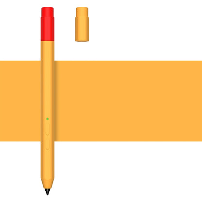 Orange liquid silicone stylus case with red top, green indicator, and visible pen tip.