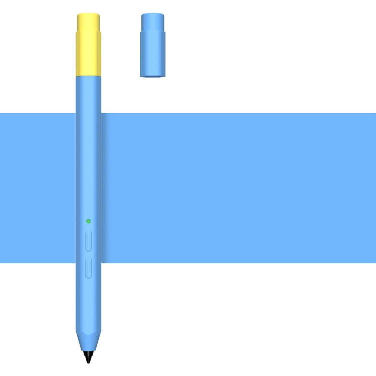 Sky blue liquid silicone stylus case with yellow top, green indicator, and visible pen tip.
