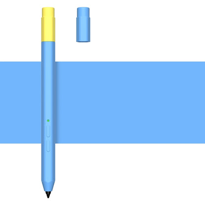 Sky blue liquid silicone stylus case with yellow top, green indicator, and visible pen tip.