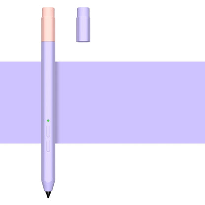 Lavender purple liquid silicone stylus case with light purple top, green indicator, pen tip.