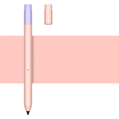 Pink liquid silicone stylus case with light purple top, green indicator, and visible pen tip.