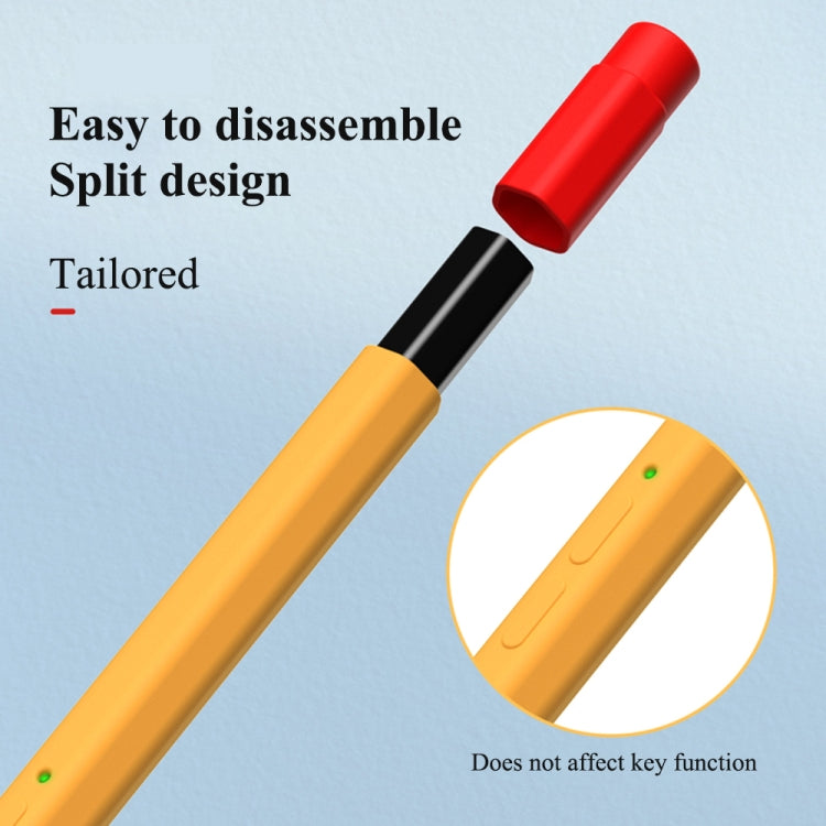 Orange liquid silicone stylus case with red cap; split end design and green indicator visible.